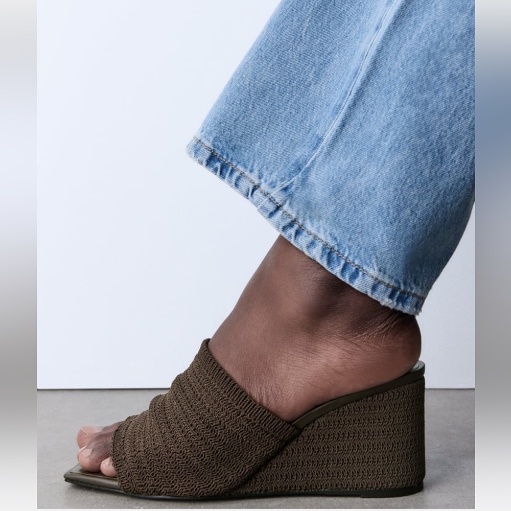 Zara Brown Woven Wedge Slide Sandals